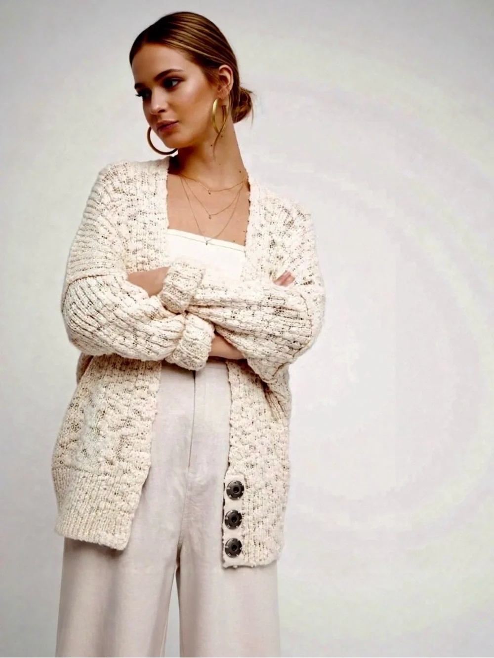 Free People Fun Times Cardigan Oversized Chunky Knit Cream Sweater NWT | Size L